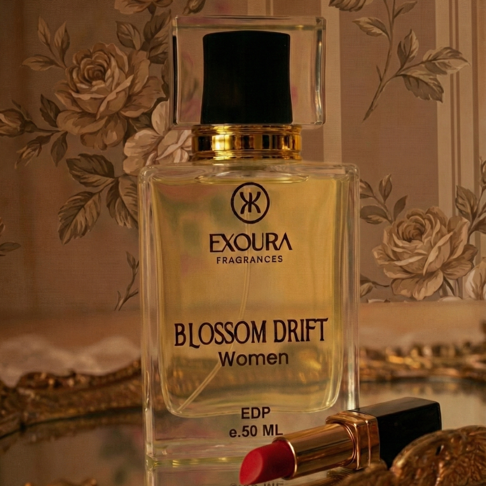 Perfume bottle labeled 'Exoura Fragrances Blossom Drift Women' on a decorative surface with floral patterns.